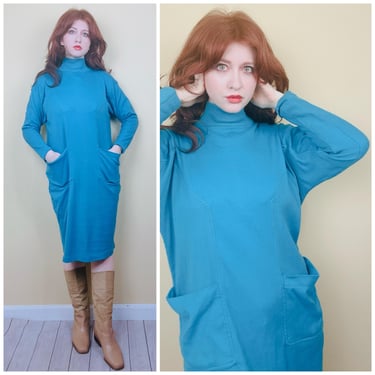 1980s Vintage Teal Cotton Knit Dress / 80s / Ribbed Dolman Sleeve Mock Neck Shirt Dress / Large - XL 