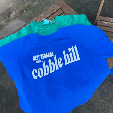 Neighborhood postcard upcycled sweatshirt, Cobble Hill