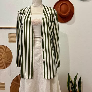 Vintage 90s Green Vertical Stripe Three Button Front Silky Summer USA Blazer M 