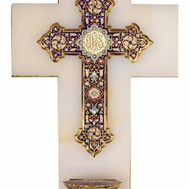 Antique French Champleve Enameled Cross and Holy Water Font Stoup On Onyx Plaque 