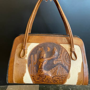 1970s tooled leather bag, vintage purse, mayan goddess novelty print, cowhide handbag, aztec temple, southwestern 