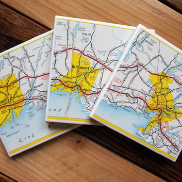 1963 Connecticut Coast Map Coaster Set of 3. New Haven Map. Norwalk Gift. Bridgeport Map. Vintage Connecticut Coasters. Long Island Sound. 