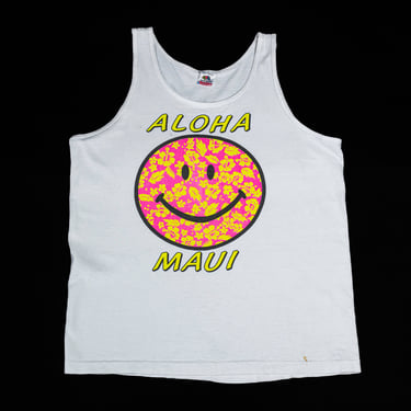 80s Aloha Maui Hawaii Tank Top - Men's Medium, Women's Large | Vintage Smiley Face Graphic Tourist Muscle Tee 