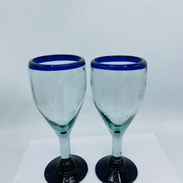 Pair of 2 Handmade Blown Mexican Margarita or Wine Glasses  Cobalt Blue Rim- 7 3/4