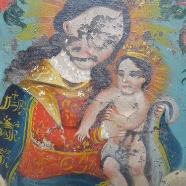 Small 1800's Saint Mary and the Christ Child Mexican Retablo, Antique Madonna, Mother of Jesus, Vintage Original Painting on Tin 