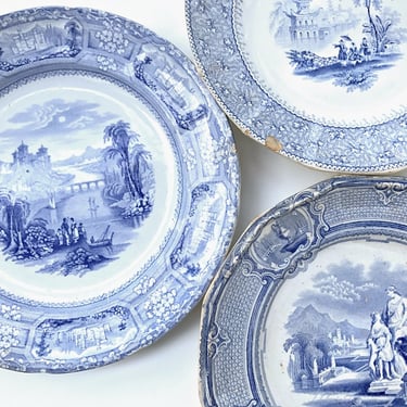 3 Antique blue transferware plates Decorative English Ironstone blue & white plate collection, Grandmillenial Boho Chic wall decor. 
