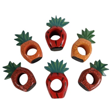 Vintage Fruit Shaped Napkin Rings / Hand Painted Wood Napkin Holders / Pineapple Strawberry Fruit Motif Napkin Rings 