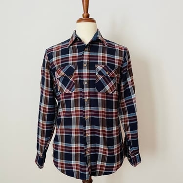 Vintage Sears Navy / Burgundy Plaid Flannel Button Up Shirt / Unisex / FREE SHIPPING 