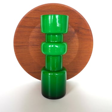 Sculptural Bright Green And White Cased Glass Vase, 9" Scandinavian Style Hooped Glass Vase, Modernist Decor 