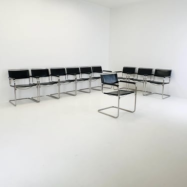 Set of 10 Bauhaus black leather iconic armchairs by mart Stam for Thonet 1980s 