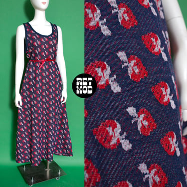 Adorable Vintage 70s Blue & Red Strawberry Patterned Long Tank Dress by Beeline 