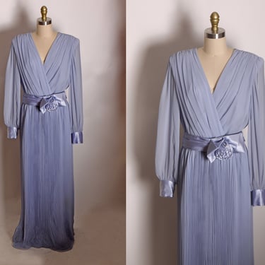 1970s Periwinkle Purple Blue Chiffon Accordion Pleated Sheer Long Sleeve Full Length Formal Dress by Miss Elliette -L 