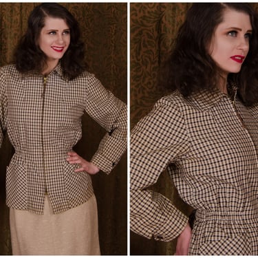 1940s Jacket -  Sporty Vintage 40s Jacket Lightweight Outdoors Jacket in Brown Checkers with Elasticized Waist 