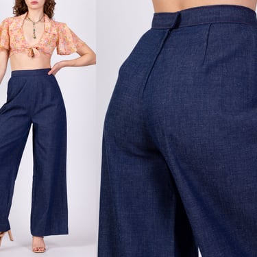 70s Wide Leg Denim Trousers - Small to Medium, 27" | Vintage High Waisted Dark Wash Blue Cotton Chambray Pants 