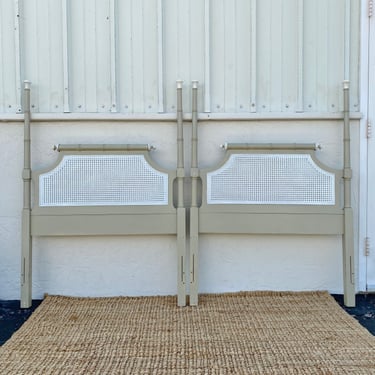 Set of 2 Twin Post Headboards by Henry Link Bali Hai - Vintage Faux Bamboo & Rattan Cane Coastal Hollywood Regency Pair 