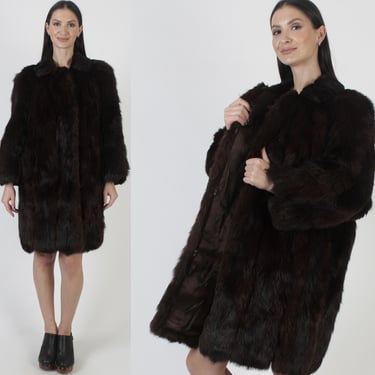 Brown Fox Mid Length Coat, Vintage Plush Real Mahogany Mink Collar, Chubby Winter Apres Ski OverCoat 