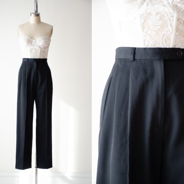 high waisted pants | 90s vintage Rafaella black wool gabardine dark academia pleated straight leg trousers 