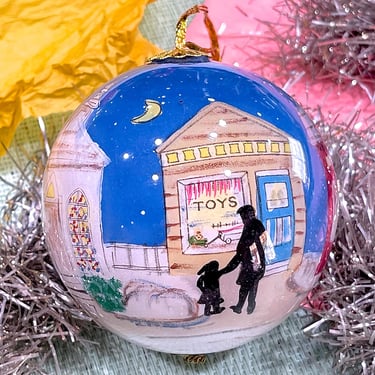 VINTAGE: 1997 - Reverse Painting Glass Ornament - Winter Town - Christmas Decor 