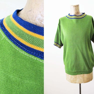 Vintage 60s Penneys Towncraft Green Short Sleeve Sweatshirt Top M L - Striped Ringer Neck - Surf Mod 