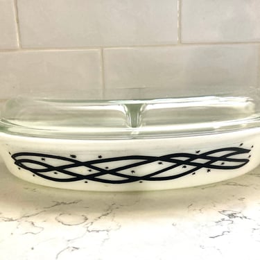 Vintage Barbed Wire Starburst Pyrex Casserole Mid Century Modern Black White with Lid by LeChalet