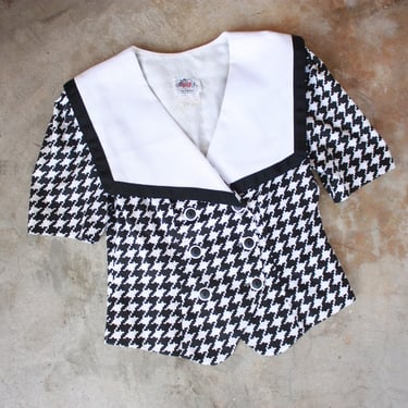80s Lanz Black and White Cotton Houndstooth Blouse with Oversized Sailor Collar Size XS 