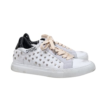 Zadig &amp; Voltaire - Distressed White Leather Heart Embellished Sneakers Sz 9