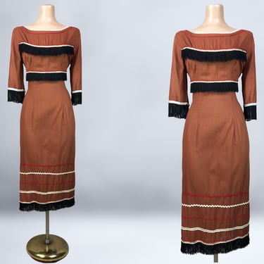 VINTAGE 50s Brown and Black Fringe Southwestern Wiggle Dress | 1950s Native American Inspired Curvy MCM Pencil Dress | 50's Costume VFG 
