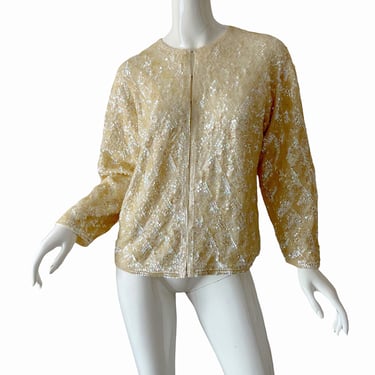 60s Sequin Beaded Cardigan / Vintage Gold Party Sweater / 1960s Mod Medium Jacket 