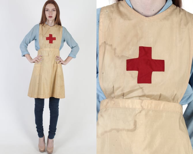 Wartime-WW2-1940's-History Ladies Military Nurses Apron with Red Cross One Size 