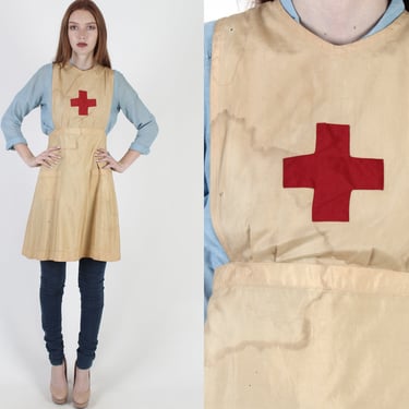 Vintage 1940s WWII Era Nurse Uniform, Delicate Red Cross Military Apron 