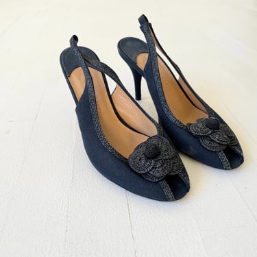 Vintage Chanel Black Embellished Open Toe Heels 