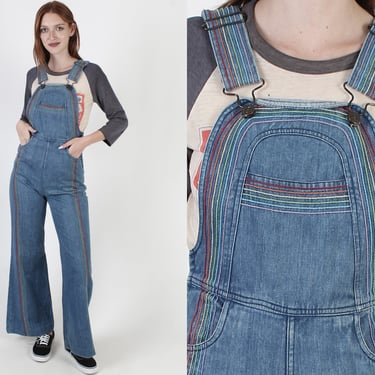 Vintage 70s Rainbow Striped Denim Overalls / Suspender Blue Jeans / Bell Bottom Disco Utility Jumpsuit 