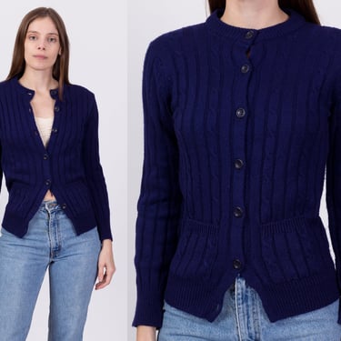 70s Navy Blue Cable Knit Cardigan - Extra Small | Vintage Button Up Sweater 