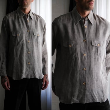 Vintage 80s Giorgio Armani Le Collezioni Light Gray Linen Shirt w/ Cream Buttons | Made in Italy | 100% Linen | 1980s Armani Designer Shirt 