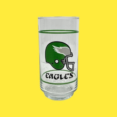 Vintage Philadelphia Eagles Drinking Glass Retro 1980s Kelly Green Helmet + Clear Glass + Mobil + NFL Sports + Philly Football + Memorabilia 