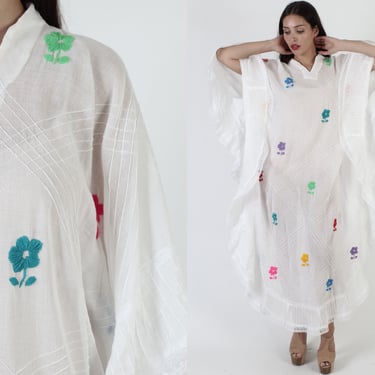 White Mexican Dress Caftan Dress / Colorful Embroidered Flowers Kaftan / Vintage Summer Floral Beach Cover Up / Sheer Sun Maxi One Size 