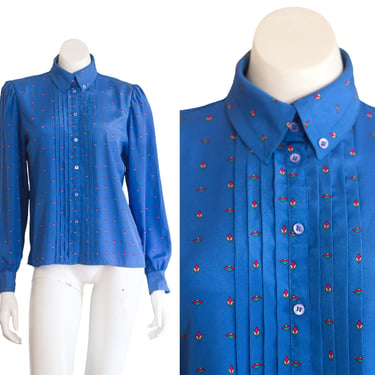 Vintage 1990s Blue Blouse with Pleated Front 