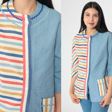 60s Striped Button-Up Blouse Blue and Multicolor Shirt Mixed Print Rickrack Trim Vintage 3/4 Sleeve Top Pocket Shirt Small S 