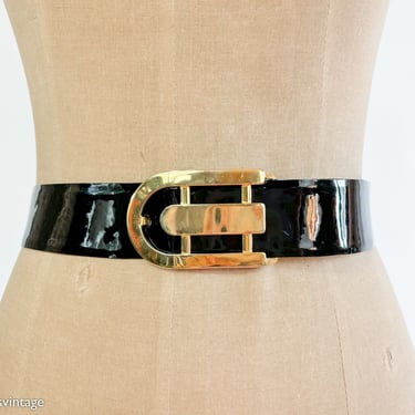 1980s Black Patent Leather Belt | 80s Black Patent Belt | Gabriella | Medium 