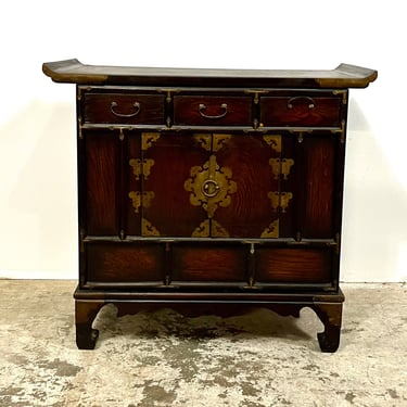 Vintage 70s Wood + Brass Japanese Style Small Chest 