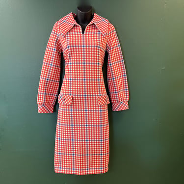 vintage houndstooth mod dress 1960s red and blue frock medium 