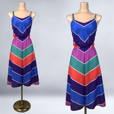 VINTAGE 70s 80s Chevron Stripe Rainbow Disco Sun Dress by KR of NY | 1970s 1980s BoHo Summer Dress | vfg 