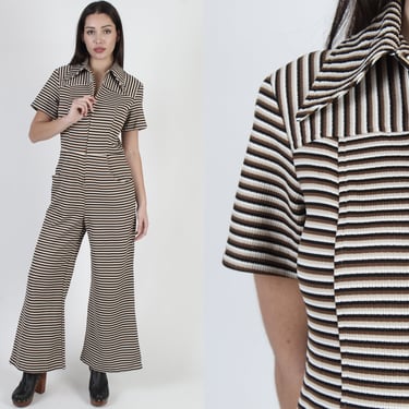 70s Disco Utility Jumpsuit, Vintage Striped Coverall Lounge Suit, 1970's Bell Bottom Palazzo Playsuit Large 