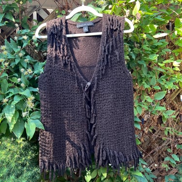 Vintage 90s Chocolate Brown Wool Knit Fringe Single Button Vest Medium 