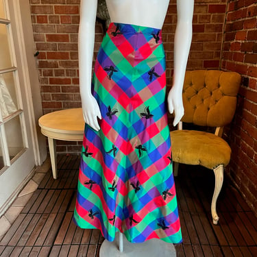 1970s Jewel Toned Plaid Taffeta Checkered Skirt