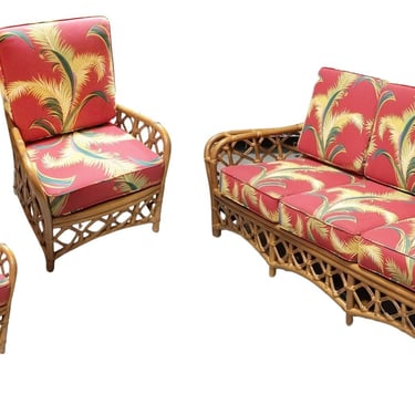 Restored Rattan Lattice Sofa & Lounge Chairs Livingroom Set 