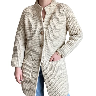 Vintage 80s Hand Knit White Chunky 100% Wool Fisherman Cardigan Jacket Sz M 