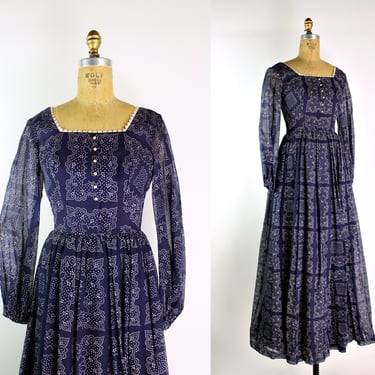 70s Blue Prairie Maxi Dress / 60s Maxi Dress / Mod /70s Boho Maxi Dress / Bohemian Dress / Free US Shipping 