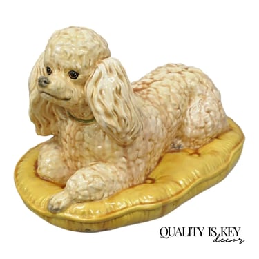 Vtg Glazed Ceramic Poodle Dog on Gold Tufted Pillow Statue Figure &quot;75 Gallerie&quot;