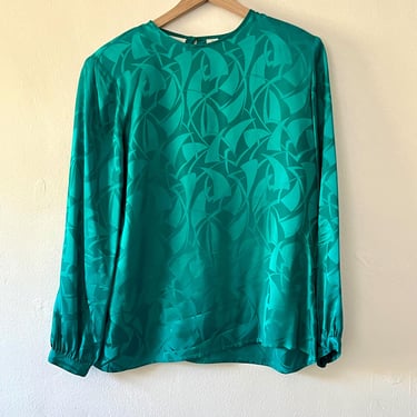 plus size vintage silk shirt / 90s vintage silk top / teal long sleeve silk blouse / 90s vintage blouse / 80s vintage / size 14 size 16 